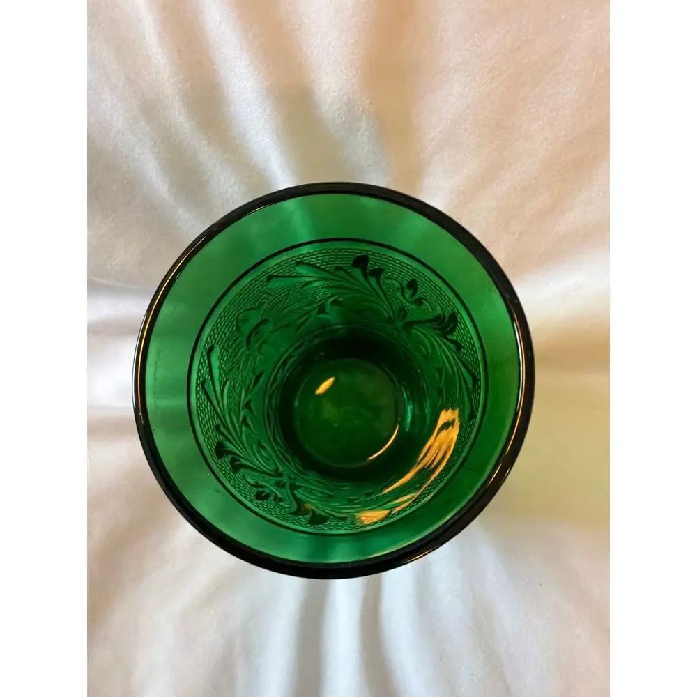 Vintage Emerald Green Pressed Glass Tumbler Floral Scroll Pattern Drinking Glass